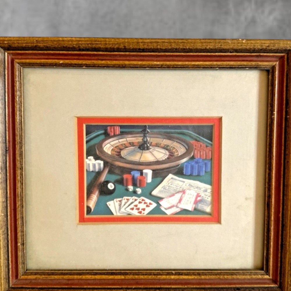 VINTAGE POKER TABLE ROULETTE WHEEL PRINT PROFESSIONALLY FRAMED 8x7